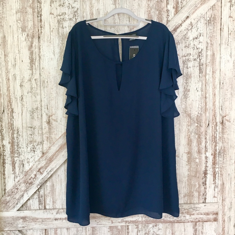 City Chic Navy Flutter Sleeve Keyhole Tunic - NWT
